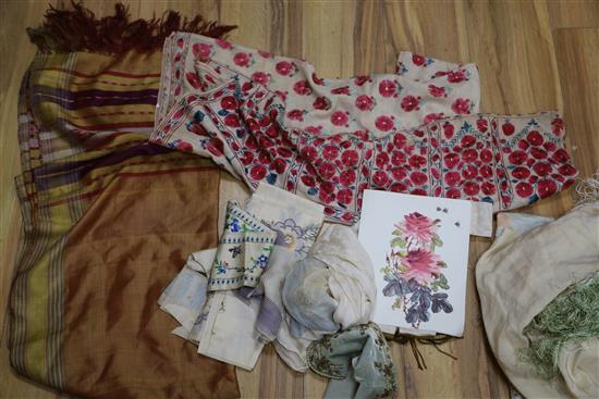 A 19th century Indian embroidered panel, a woven stole, a chiffon stole, a fringed shawl, a collection of ribbon and ribbon work, etc.